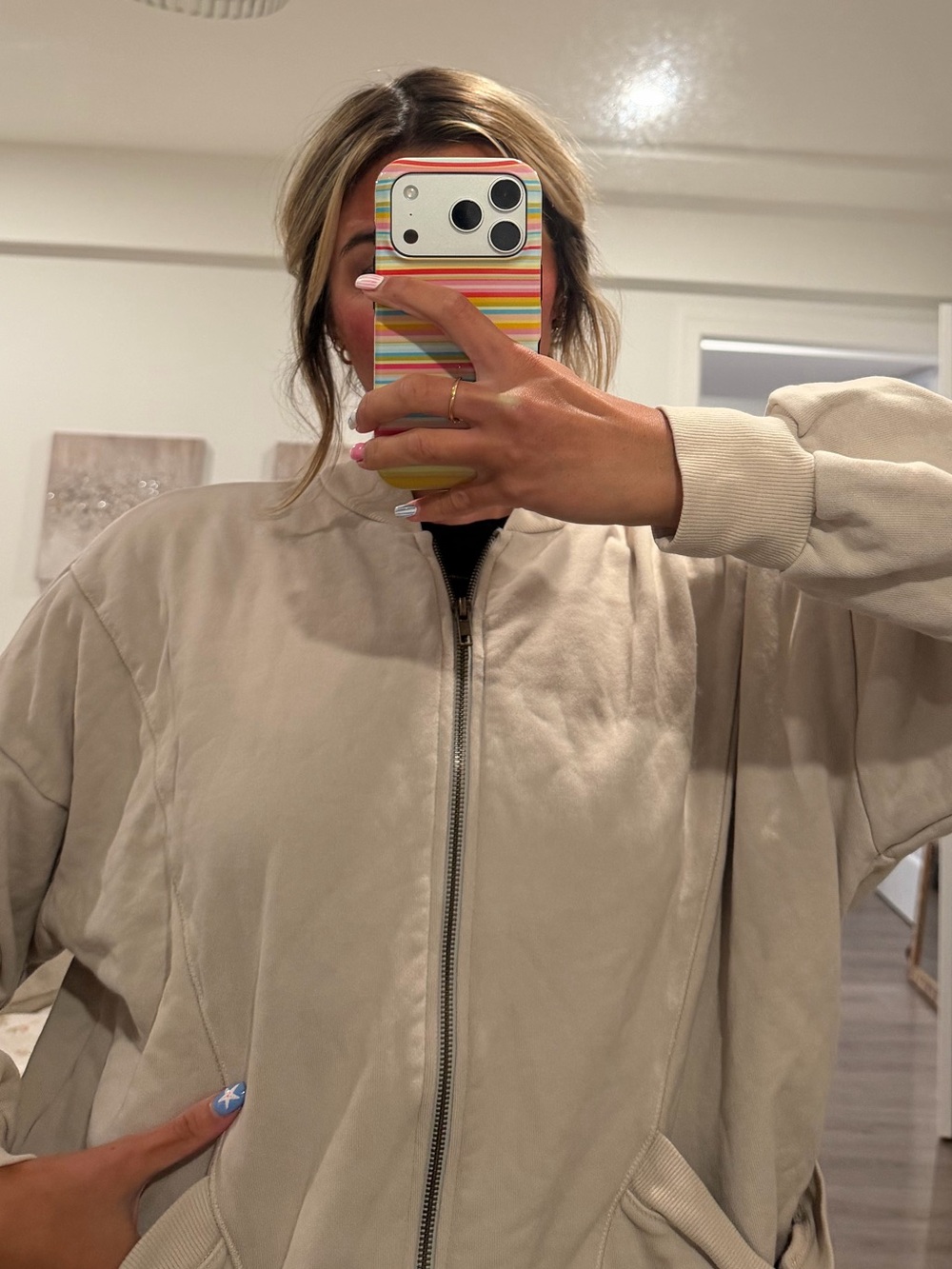 Project Social T Light Beige Zip-Front Bomber Hoodie